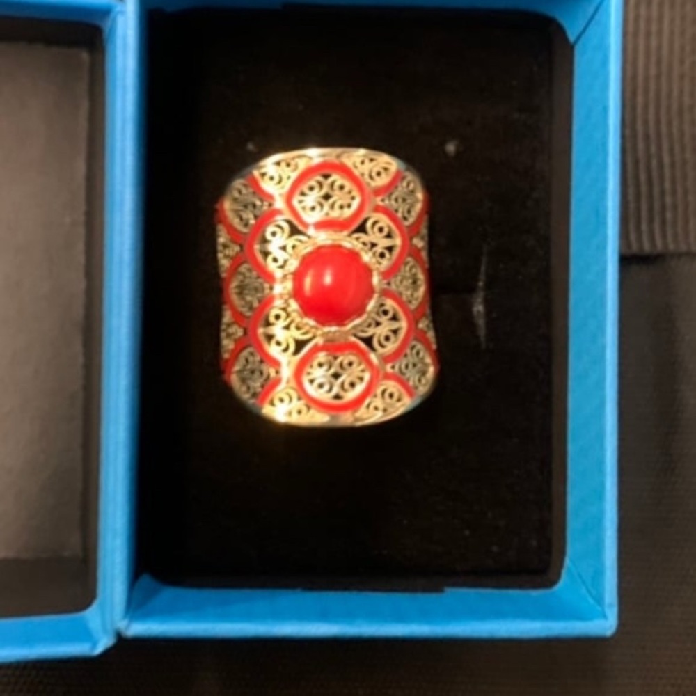 JTV  Red Coral & Enamel 18K Gold Over Sterling Silver Rin